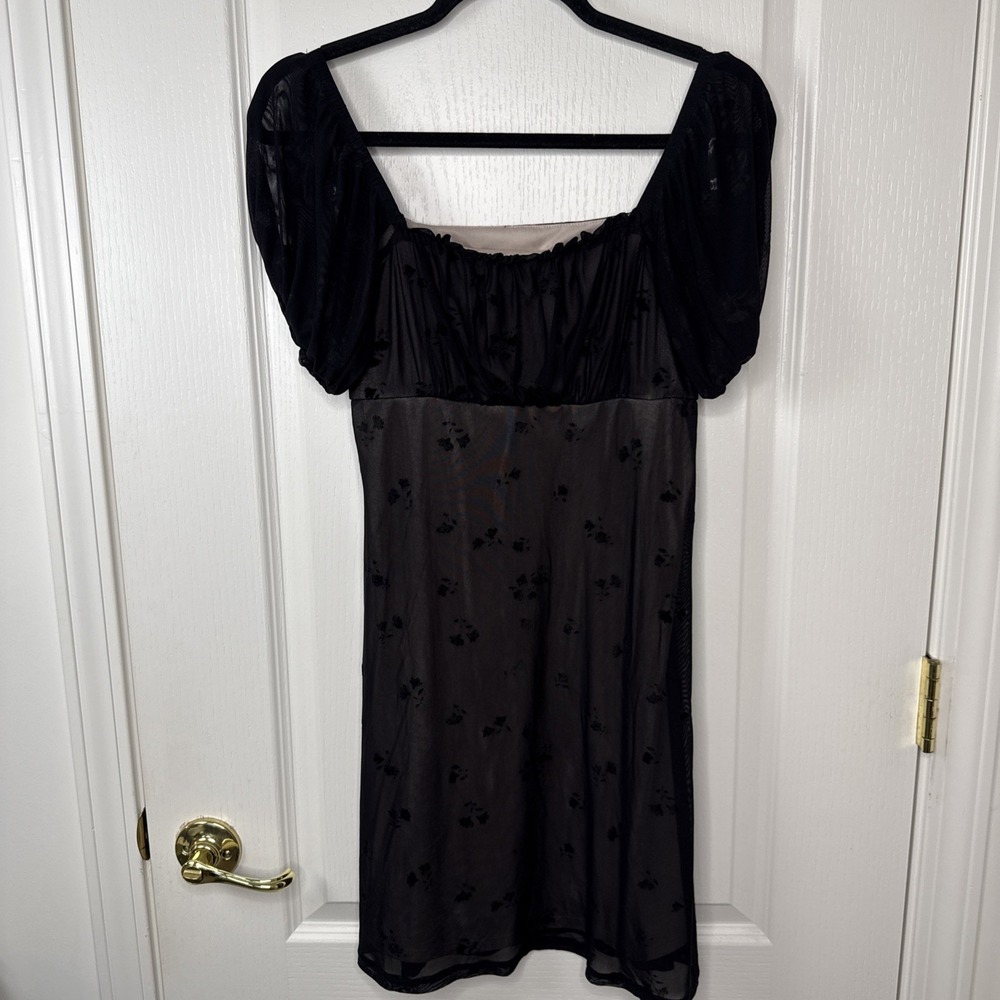 Rewind Womens Black Mesh Floral Embroidered Dress M Puff Sleeve Whimsigoth Y2K